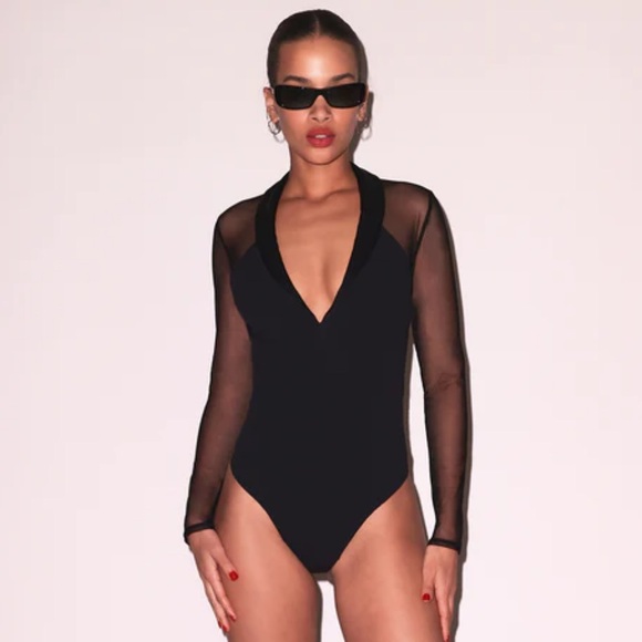 Fleur du Mal Tops - Fleur Du Mal Tuxedo Bodysuit Plunge Neckline Silk Blend